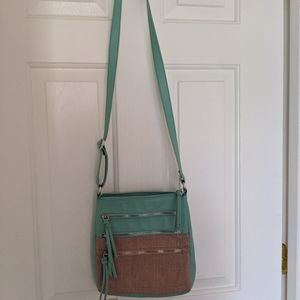 Teal and tan crossbody bag